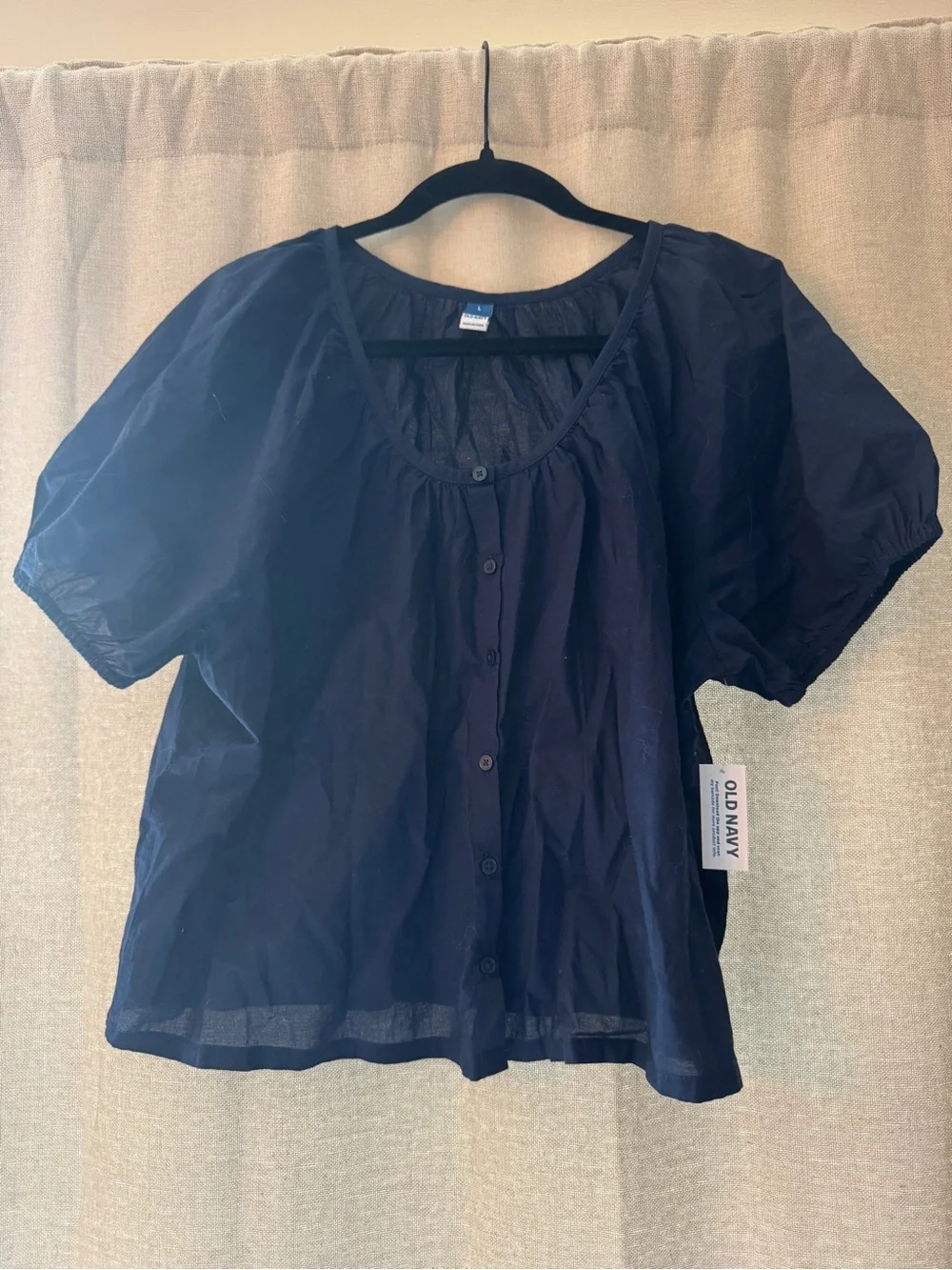 NWT Old Navy Navy Scoop-Neck Puff-Sleeve Button Blouse Size Large 100% Cotton